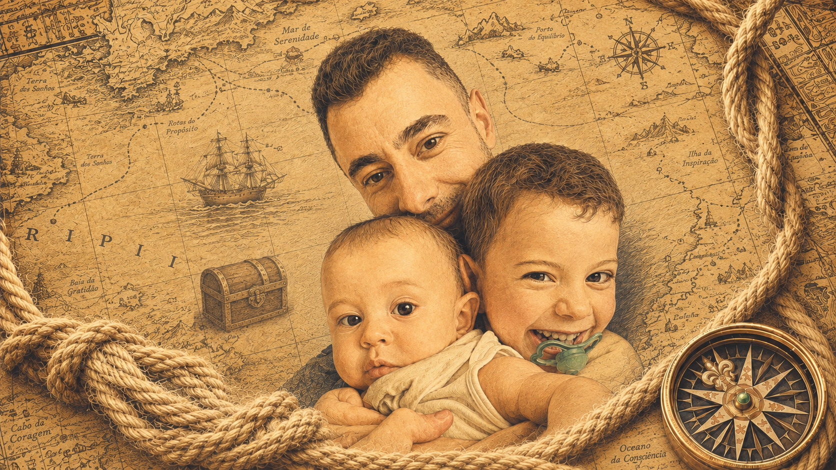 Retrato do autor com duas crianças sobre um mapa em estilo de pergaminho e um baú do tesouro ao fundo
