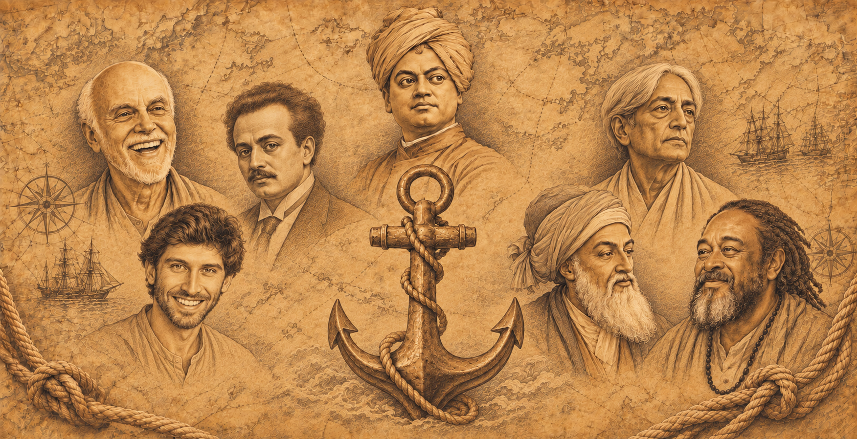 Ilustração em estilo de mapa náutico antigo com Swami Vivekananda acima da âncora central, Jeff Foster, Khalil Gibran e Ram Dass à esquerda e os outros três mestres à direita